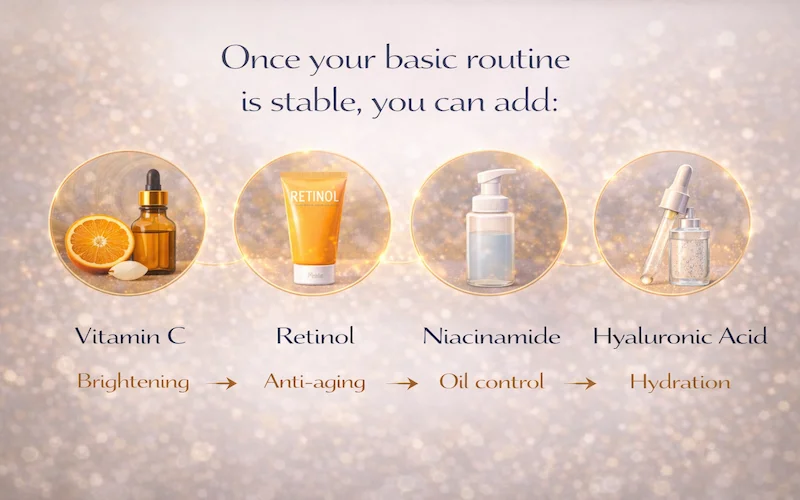 Once your basic routine is stable, you can add

- Vitamin C → Brightening
- Retinol → Anti-aging
- Niacinamide → Oil control
- Hyaluronic Acid → Hydration